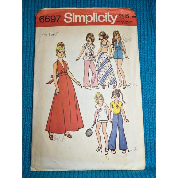 Simplicity Pattern 6697 Barbie 11 1/2in doll clothes 1970s dress jumpsuit top - Picture 1 of 6